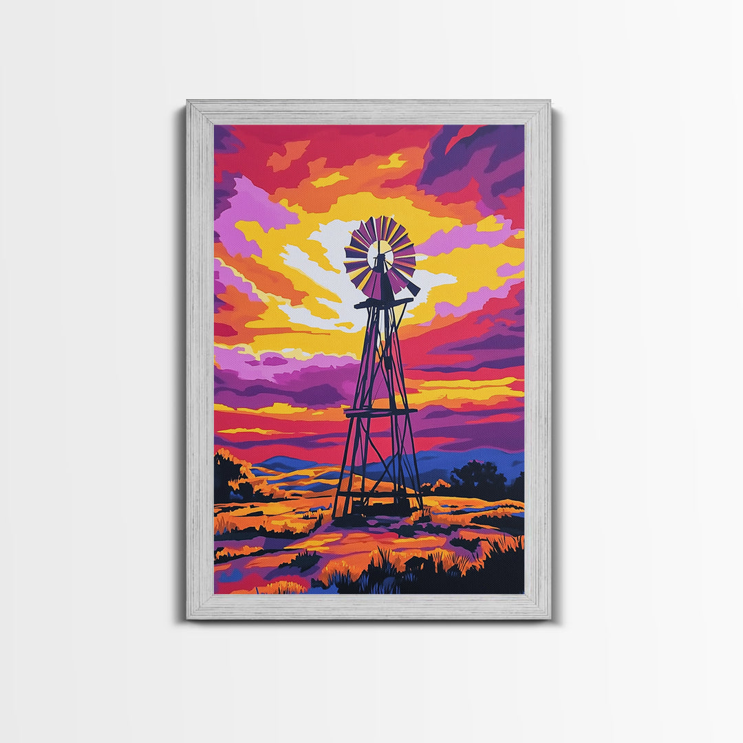 Vibrant Windmill Sunset, pink orange wall art, windmill wall art, rustic art, farmhouse art, canvas print, above couch art, gift idea for her