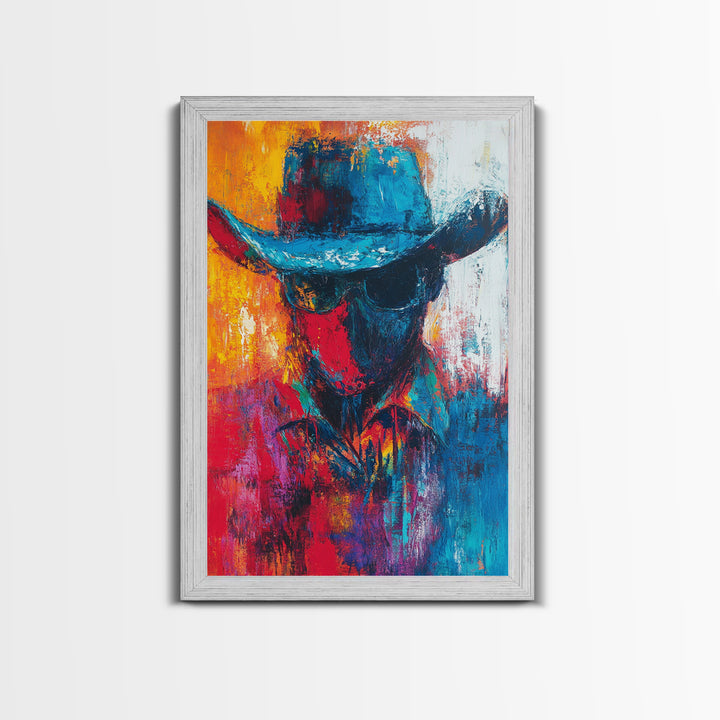 Abstract Cowboy Portrait, southwest wall art, rustic art, boho art, western art, lofi art, framed canvas print, gift idea for him