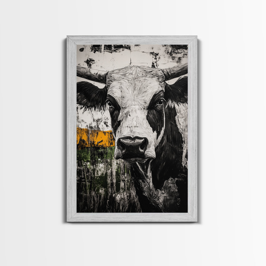 Black and White Bull, bull and bear art, rustic wall art, farmhouse art, moody art, framed canvas print, above couch art, gift idea for him