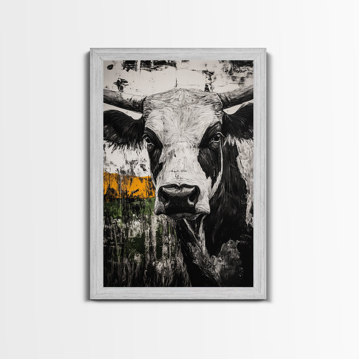 Black and White Bull, bull and bear art, rustic wall art, farmhouse art, moody art, framed canvas print, above couch art, gift idea for him