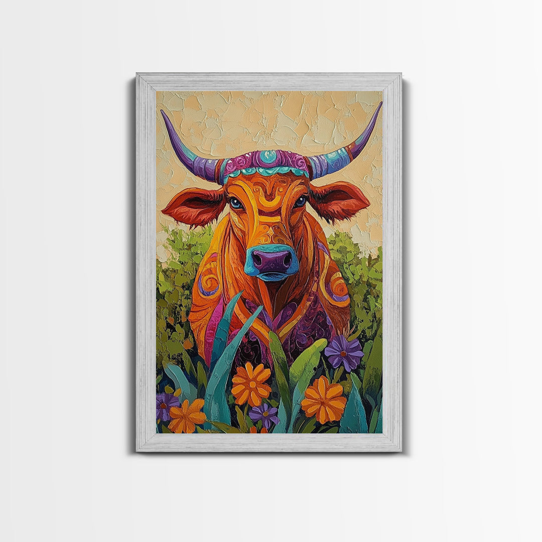 Colorful Bull Art, boho art, wabi sabi art, whimsical art, wildflower painting, framed canvas print, gift idea, rustic wall art