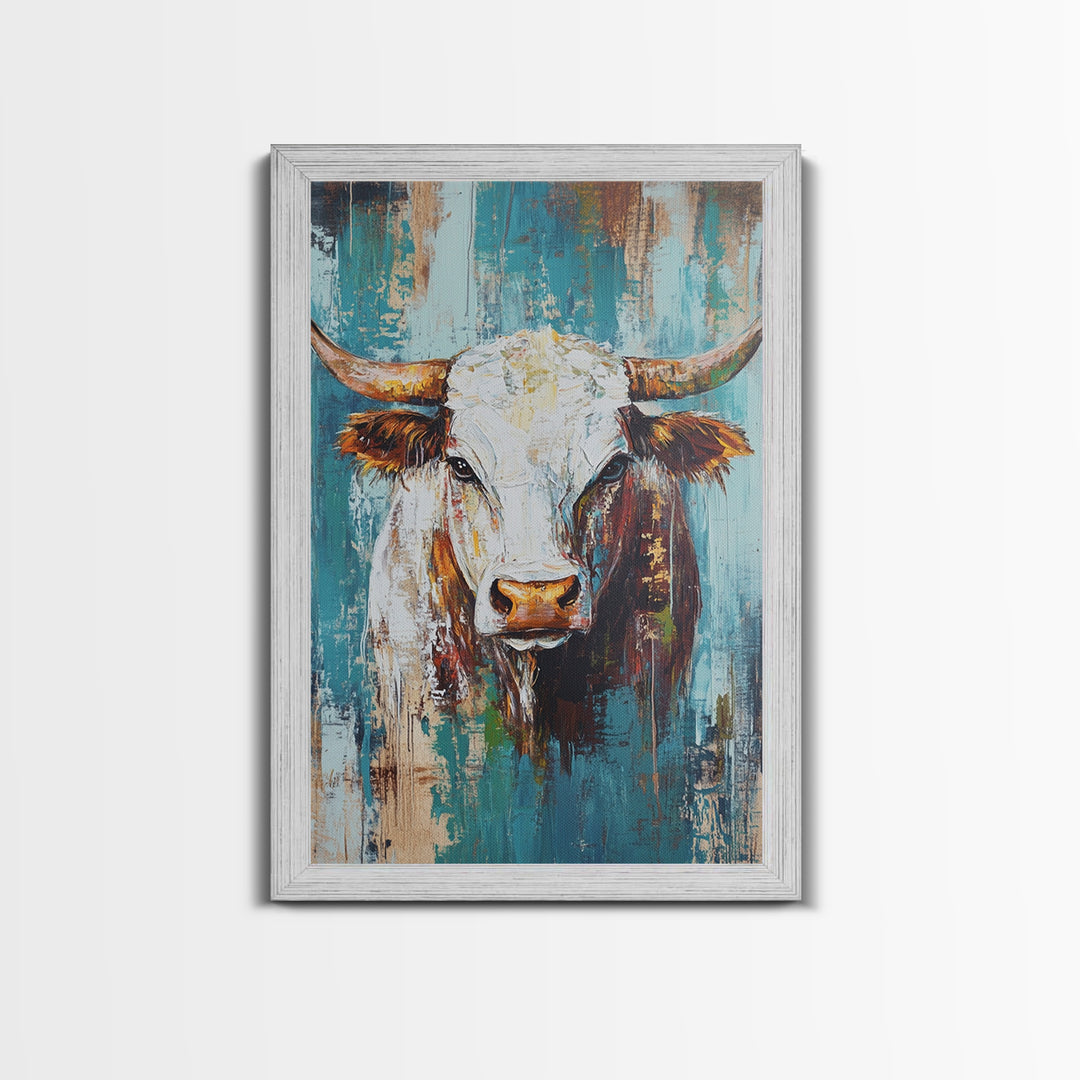 Rustic Cow Portrait, farmhouse art, rustic wall art, blue and green wall art, textured oil painting, canvas print, gift idea, wabi sabi art