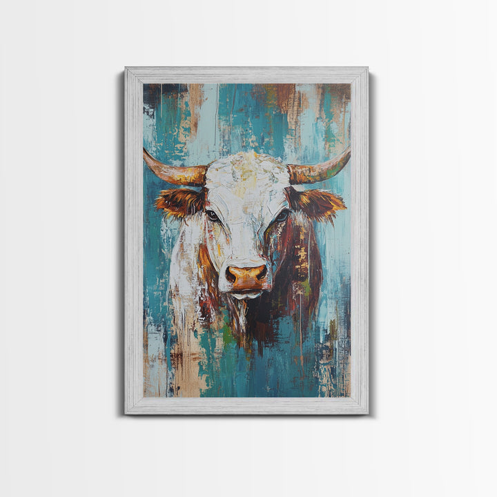 Rustic Cow Portrait, farmhouse art, rustic wall art, blue and green wall art, textured oil painting, canvas print, gift idea, wabi sabi art