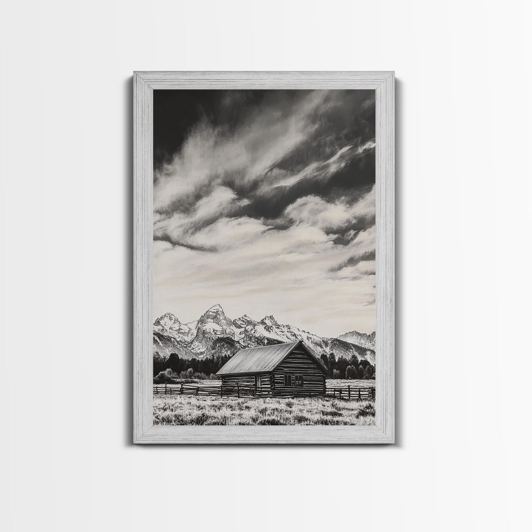 Rustic Cabin, Smoky Mountain Art, Black and White Landscape, Western Wall Art, Wabi Sabi Art, Farmhouse Decor, Canvas Print