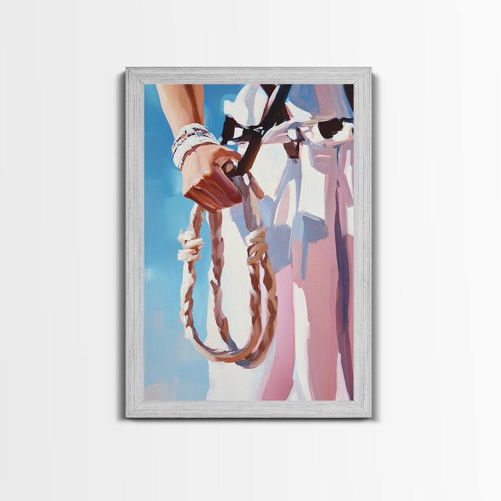 Cowgirl Holding Rope, Black Cowgirl Painting, Framed Canvas Print, Rustic Decor, Western Art, Feminine Art, Light Pink Wall Art