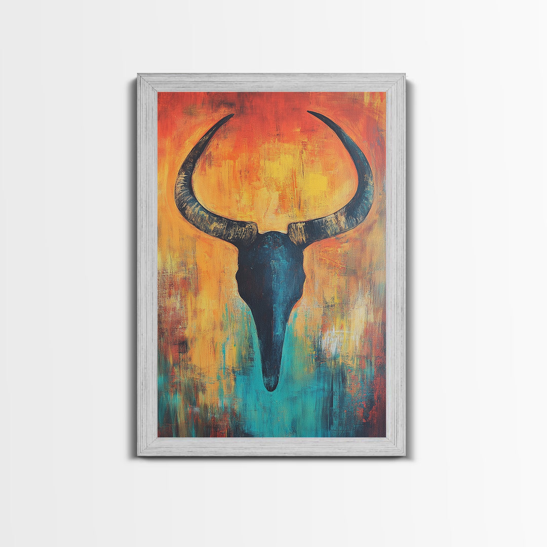 Bull skull painting, rustic wall art, western wall art, teal wall art, boho art, framed canvas print, farmhouse art, gift idea him