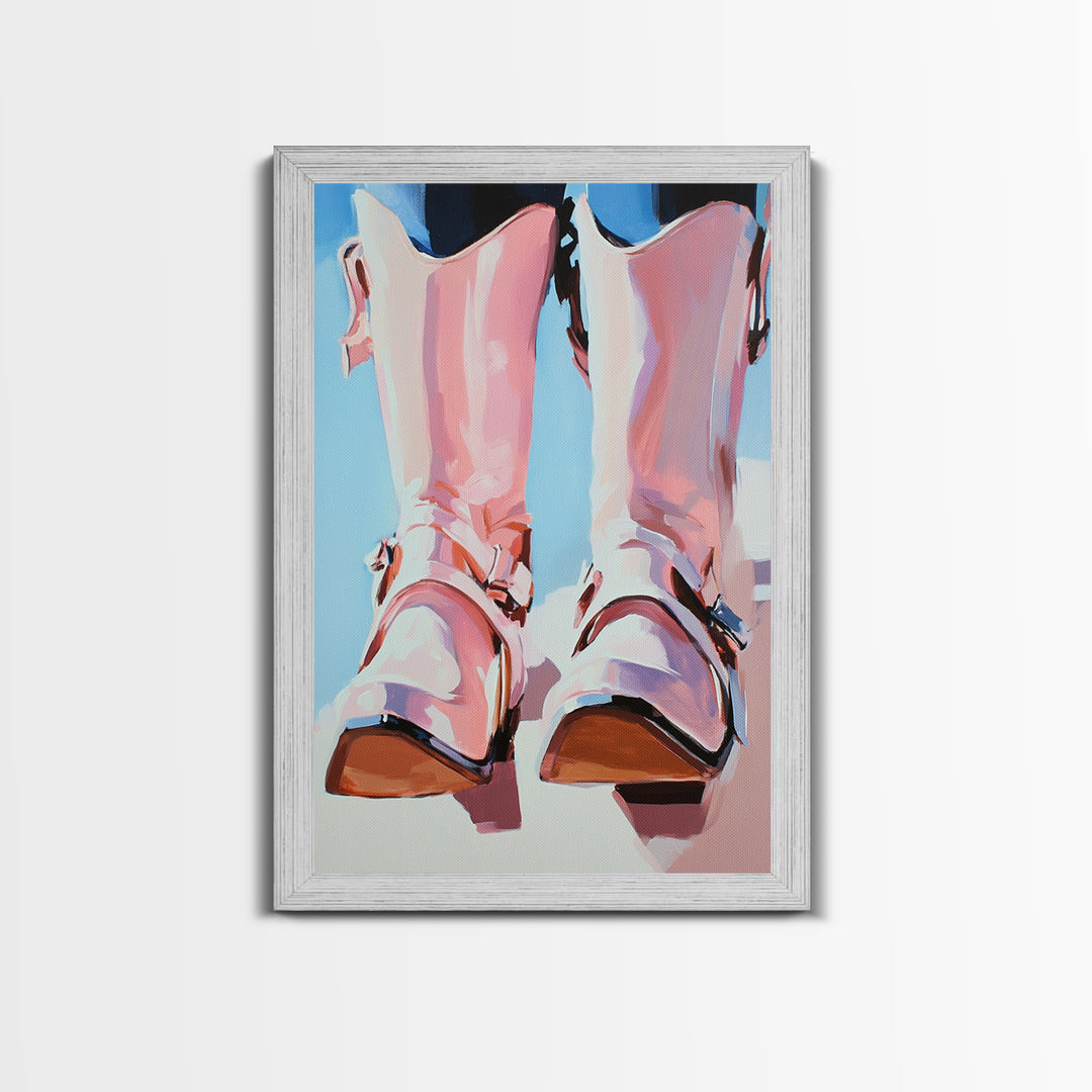 Cowboy Boots Painting, Coastal Cowgirl Wall Art, Western Decor, Farmhouse Art, Framed Canvas Print, Rustic Aesthetic, Bedroom Art, Gift Idea