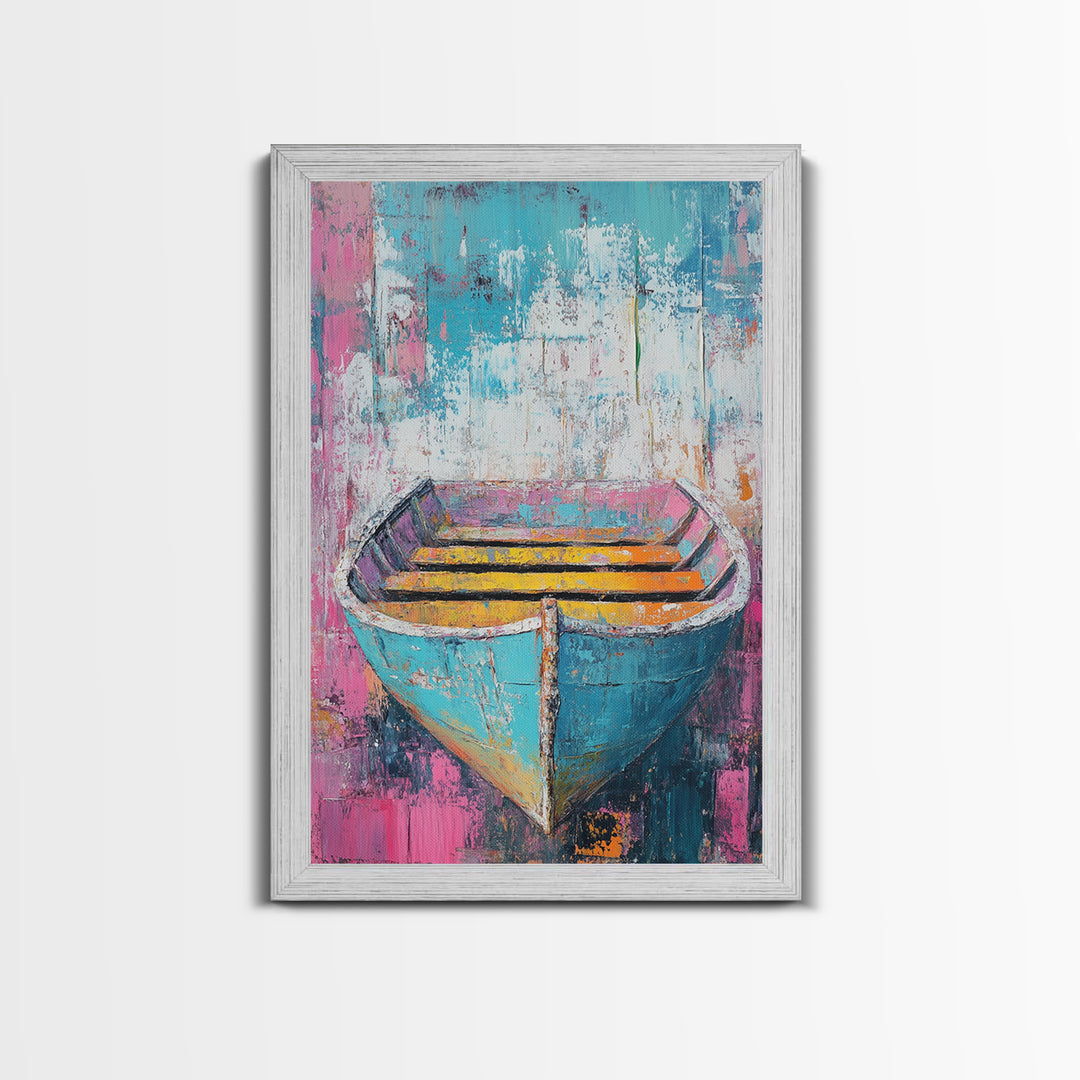 Blue Rowboat Painting, Nautical Painting, Coastal Wall Art, Rustic Decor, Extra Wide Art, Canvas Print, Farmhouse Art, Moody Art
