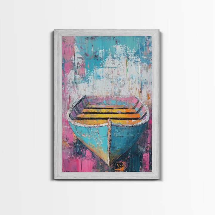 Blue Rowboat Painting, Nautical Painting, Coastal Wall Art, Rustic Decor, Extra Wide Art, Canvas Print, Farmhouse Art, Moody Art