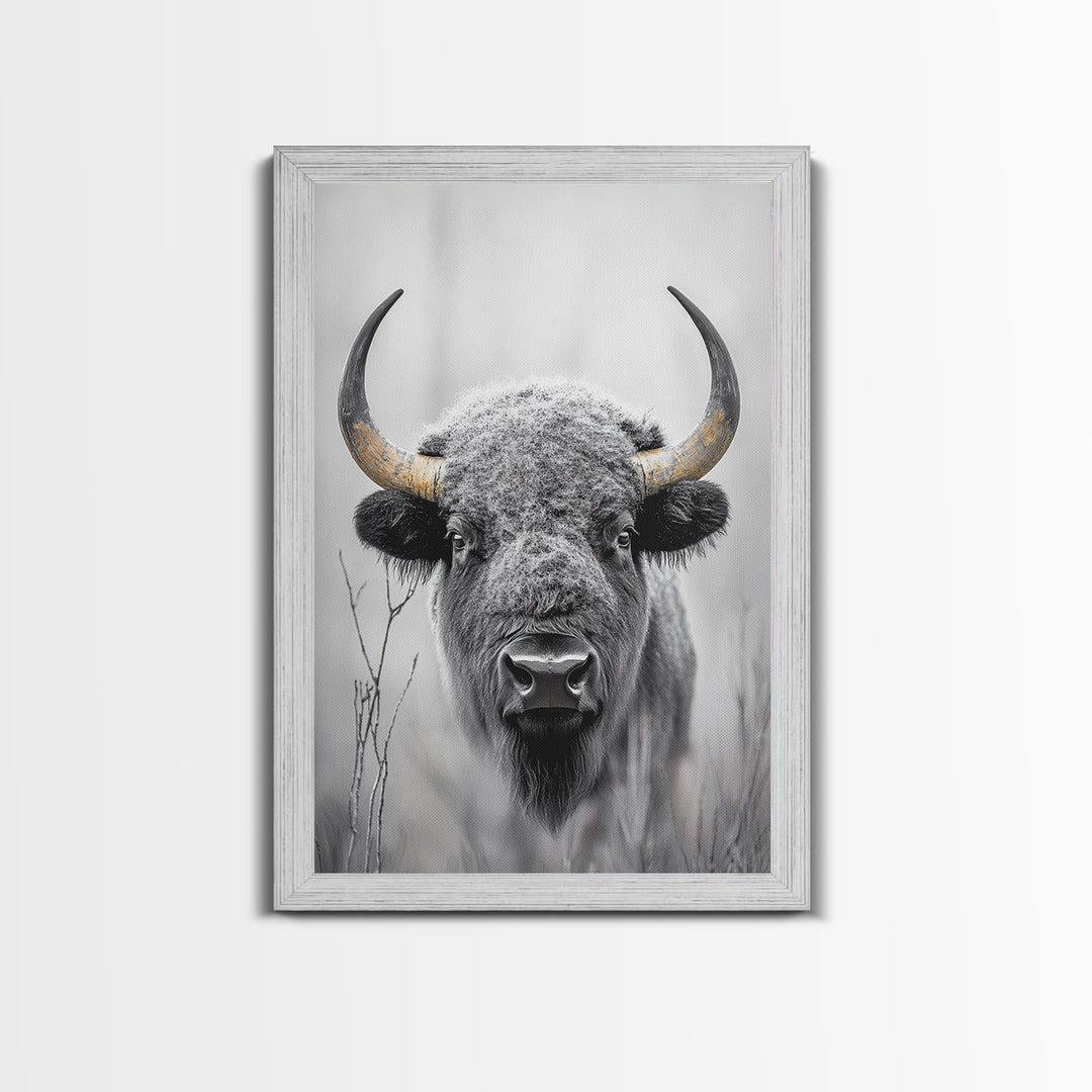 Bison, buffalo art, wildlife painting, framed canvas print, rustic decor, western wall art, moody nature, farmhouse animal art, southwest