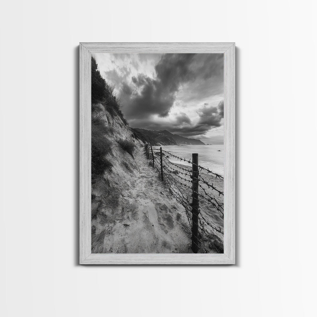 Coastal Path, stormy beach, dramatic sky, coastal wall art, black and white, framed canvas print, moody landscape, nautical decor