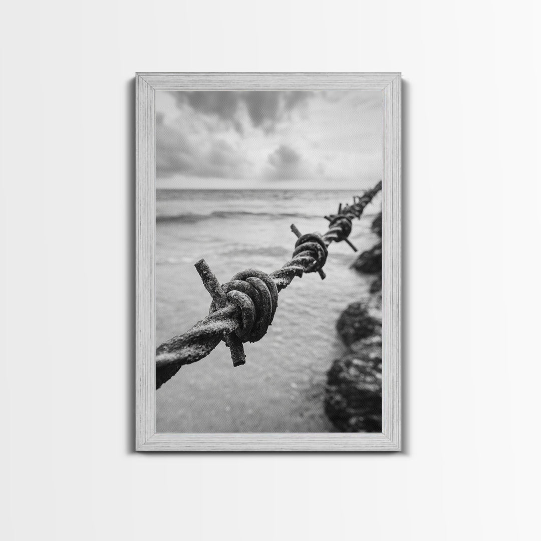 Barbed Wire, ocean view, rustic decor, coastal cowgirl wall art, wabi sabi art, moody photography, framed canvas print, minimalist art