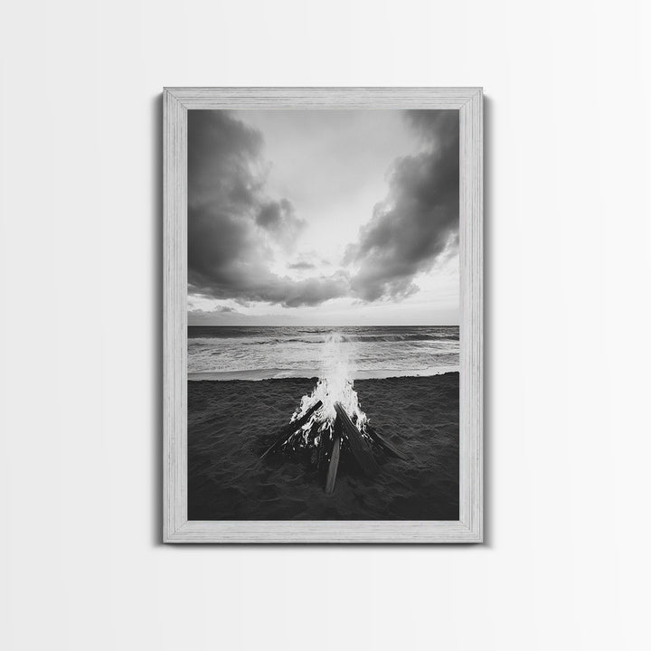 Beach Bonfire, coastal landscape art, rustic decor, moody art, dramatic seascape, black and white, framed canvas print, nautical wall art