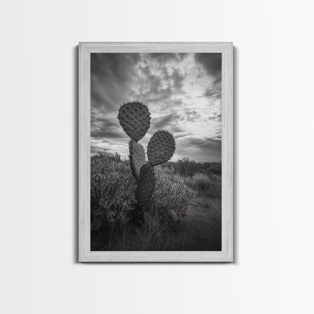 Prickly Pear, cactus art, Joshua tree art, wabi sabi art, moody art, black and white, framed canvas print, minimalist decor, rustic wall art