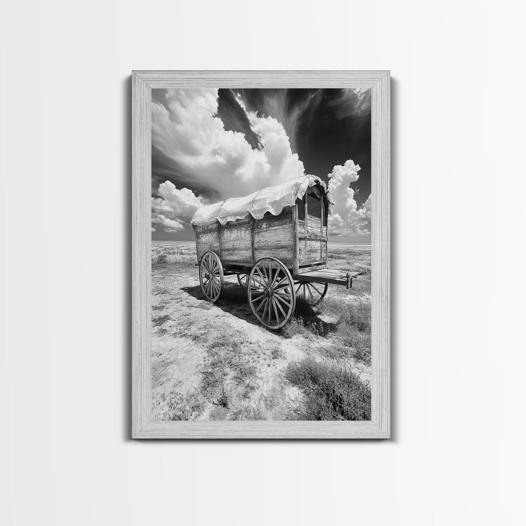 Covered wagon photography, rustic decor, framed canvas print, southwest wall art, farmhouse art, western aesthetic, black and white photography
