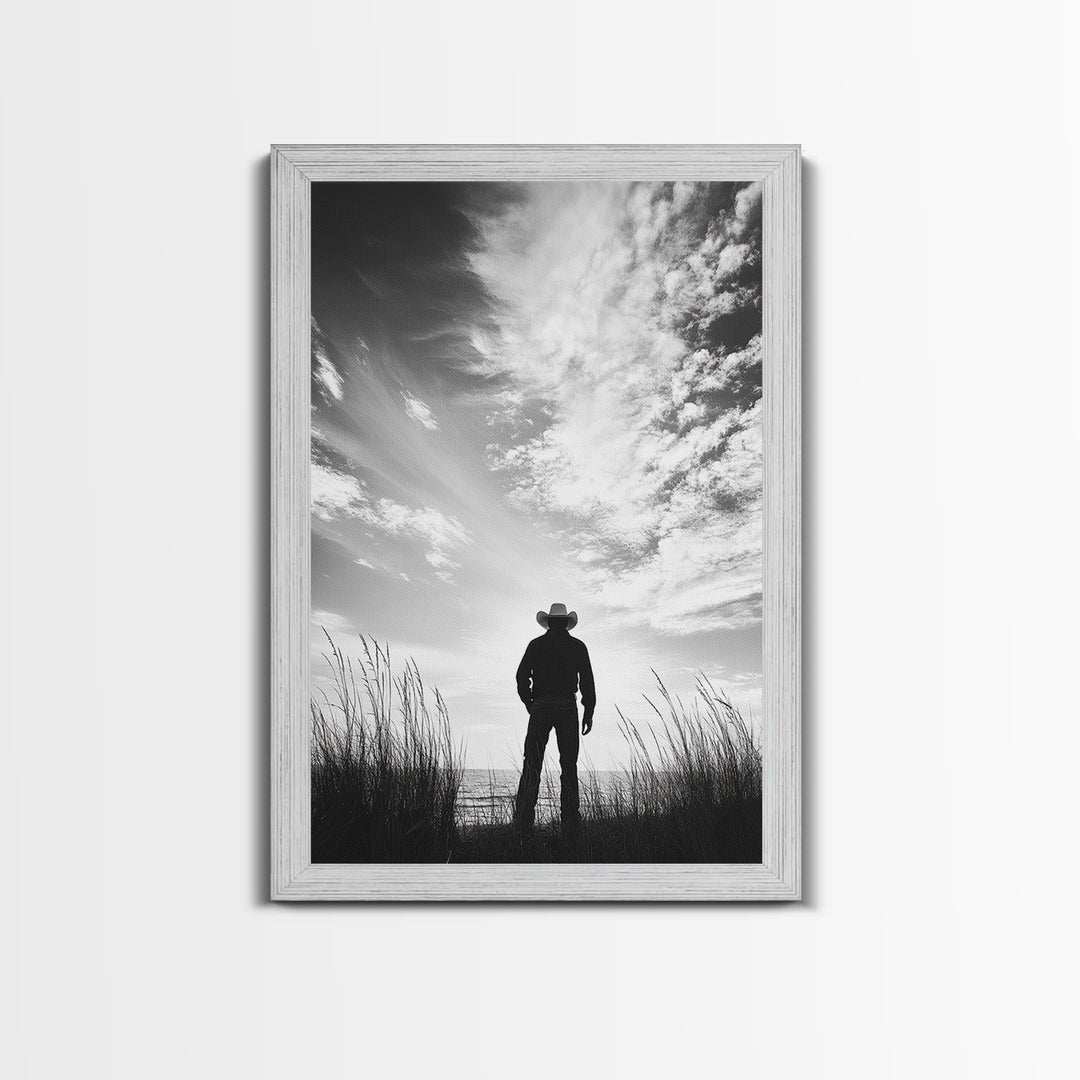 Lone Cowboy, coastal cowgirl wall art, moody art, western art, rustic decor, wabi sabi art, framed canvas print, extra wide art