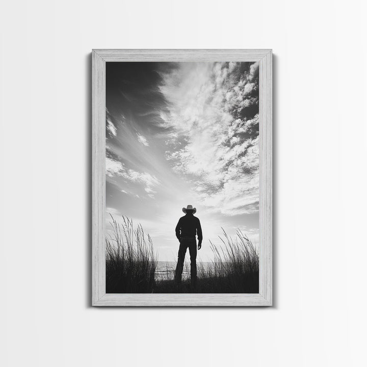 Lone Cowboy, coastal cowgirl wall art, moody art, western art, rustic decor, wabi sabi art, framed canvas print, extra wide art
