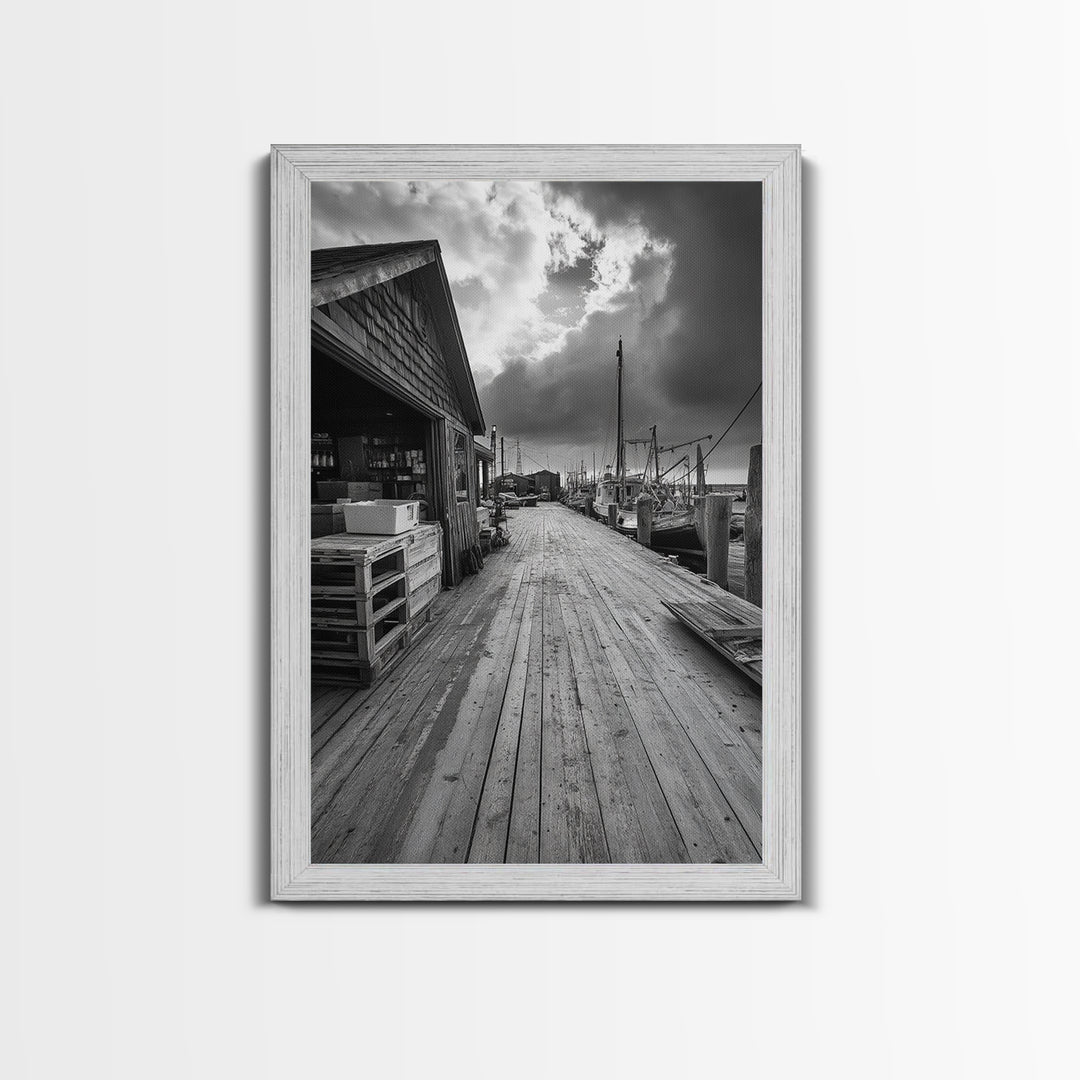 Fishing Dock, coastal decor, nautical wall art, seascape painting, rustic wall art, Nantucket painting, framed canvas print, horizontal art