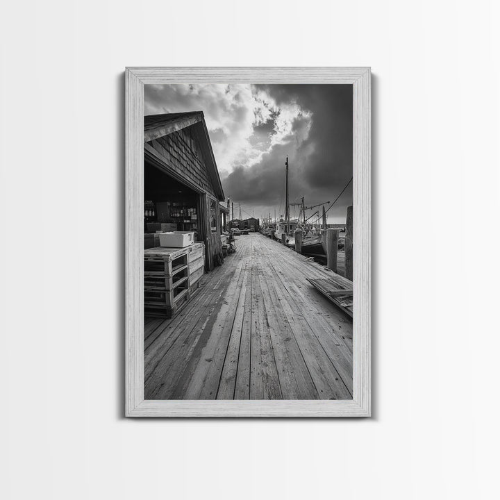 Fishing Dock, coastal decor, nautical wall art, seascape painting, rustic wall art, Nantucket painting, framed canvas print, horizontal art