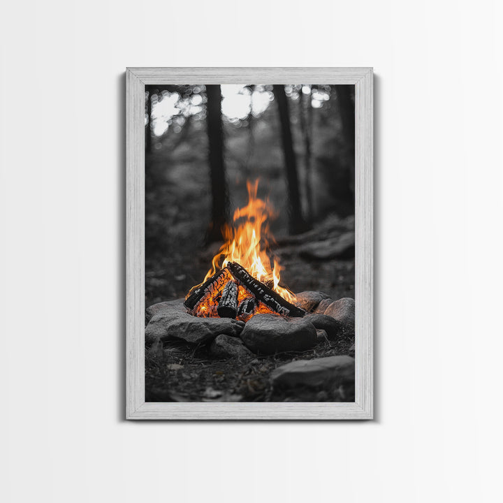 Campfire, rustic art, outdoor adventure, framed canvas print, wilderness decor, bonfire night, cozy cabin wall art, moody art, fall vibes