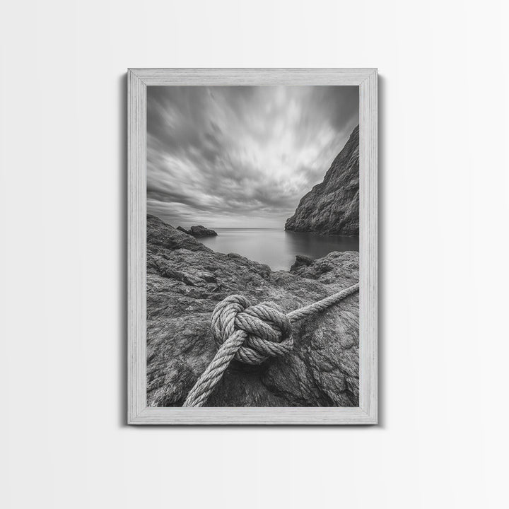 Nautical art, rope knot, coastal decor, moody art, wabi sabi art, rustic photography, living room art, canvas print, panoramic wall art