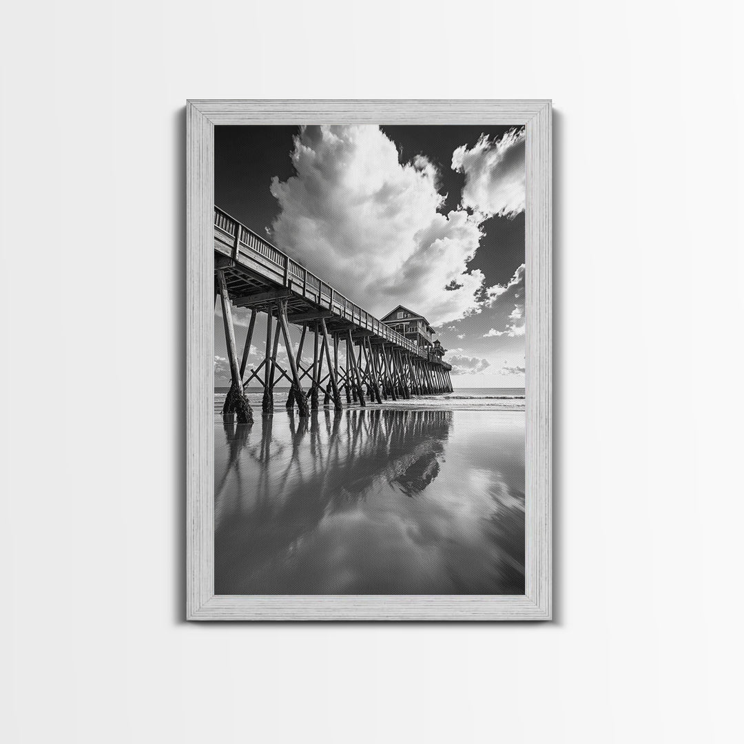 Pier reflection, seascape painting, nautical decor, rustic wall art, black and white photography, extra wide art, framed canvas print