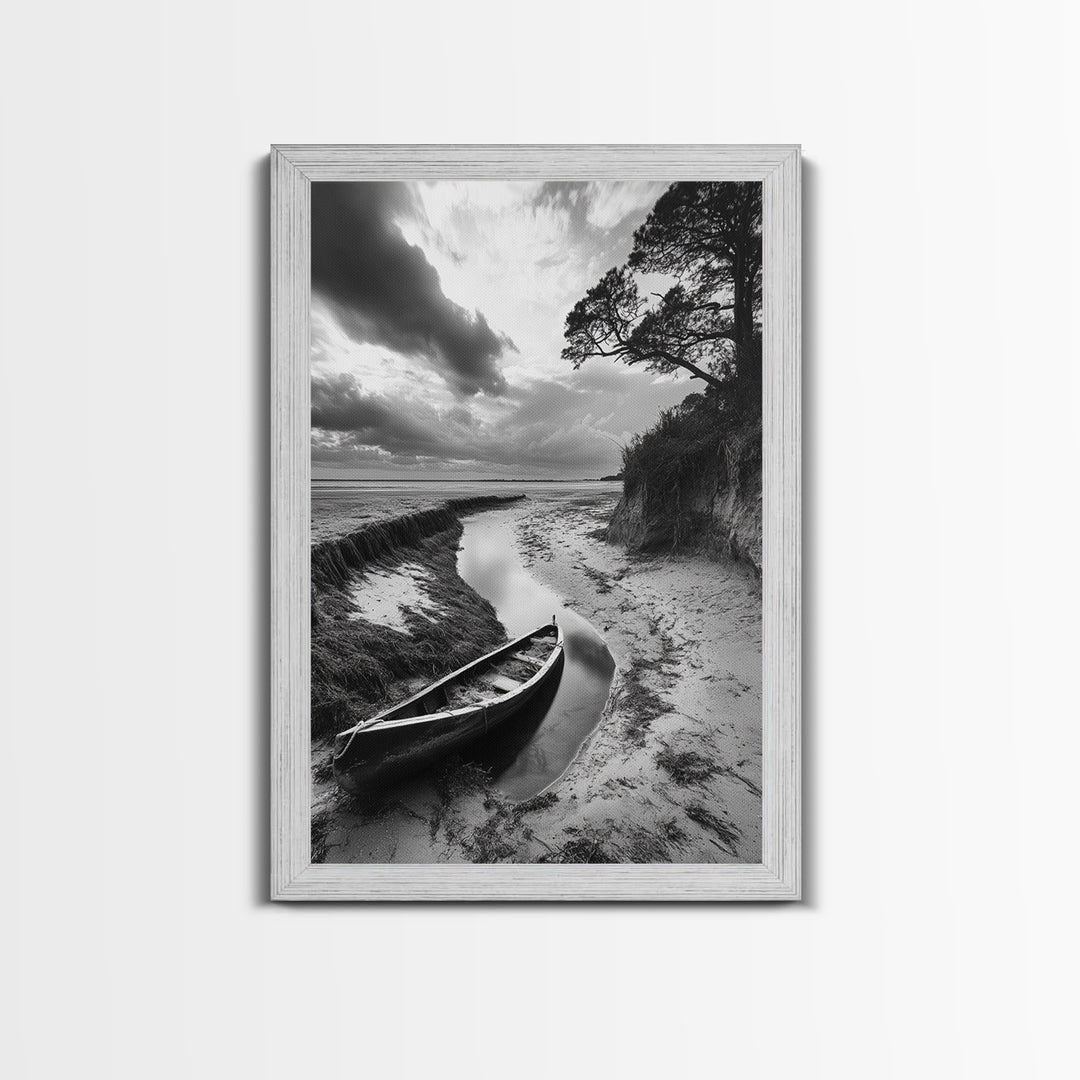 Abandoned boat, coastal decor, moody art, wabi sabi wall art, nature photography, nautical art, black and white wall art, canvas print