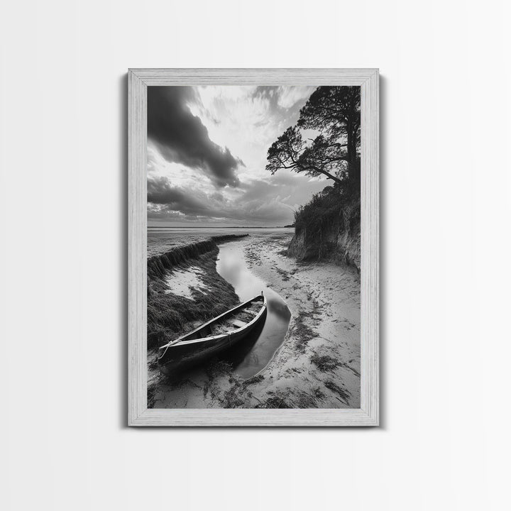Abandoned boat, coastal decor, moody art, wabi sabi wall art, nature photography, nautical art, black and white wall art, canvas print