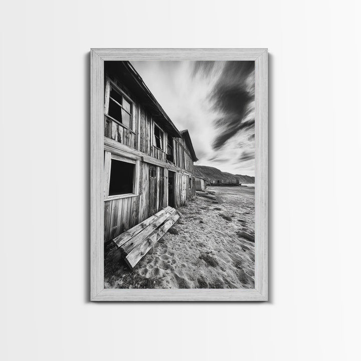 Rustic barn, farmhouse art, abandoned building, vintage Christmas, moody art, black and white wall art, wabi sabi wall art, framed canvas print