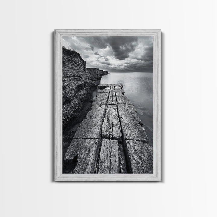 Cliffside view, nautical decor, rustic photography, seascape painting, wabi sabi art, black and white art, canvas print, above sofa art