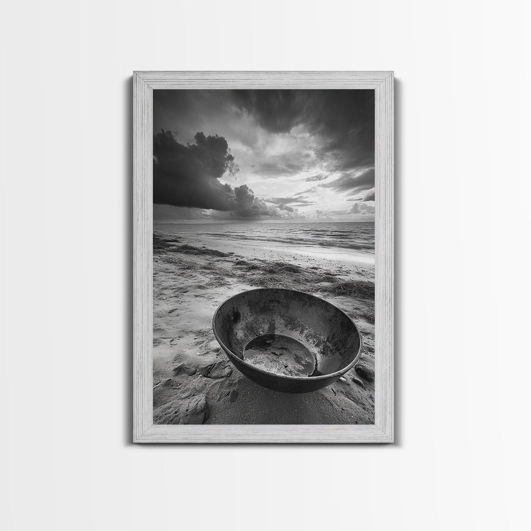 Beach bowl, wabi sabi wall art, coastal decor, moody art, minimalist art, black and white photography, framed canvas print, extra wide art