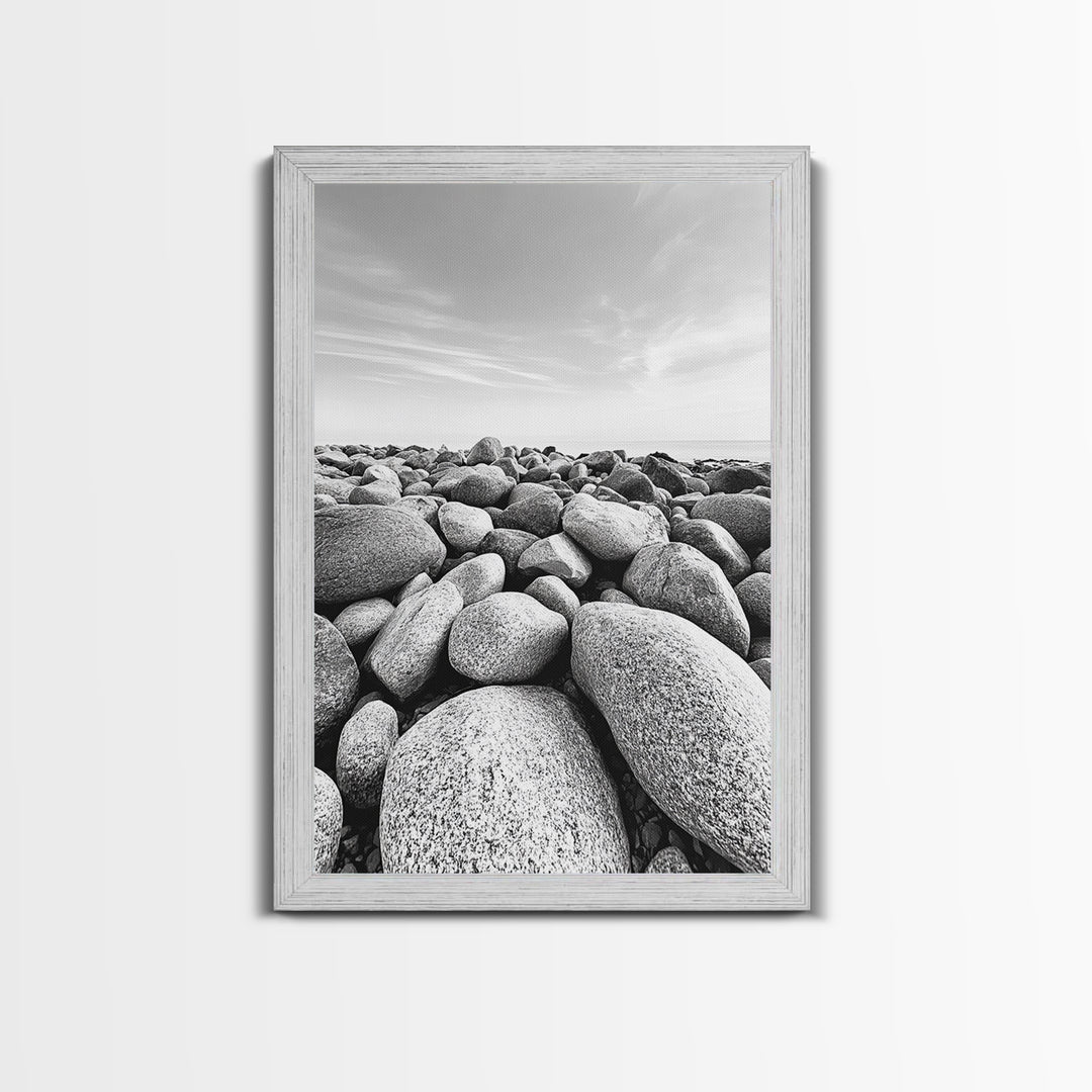 Stone beach, coastal landscape art, black and white art, wabi sabi wall art, minimalist art, nature photography, framed canvas print