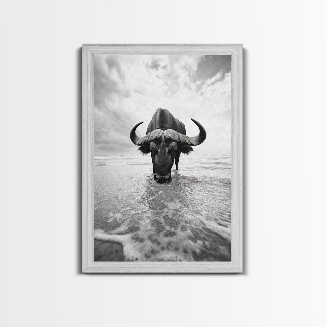 Buffalo art, bull and bear art, moody photography, black and white wall art, unique wildlife art, wabi sabi art, canvas print, farmhouse decor