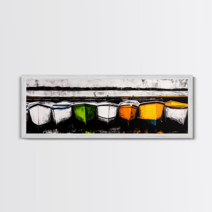 Boats at Dock, nautical painting, coastal wall art, rustic art, extra wide art, panoramic painting, above sofa art, Canvas Print