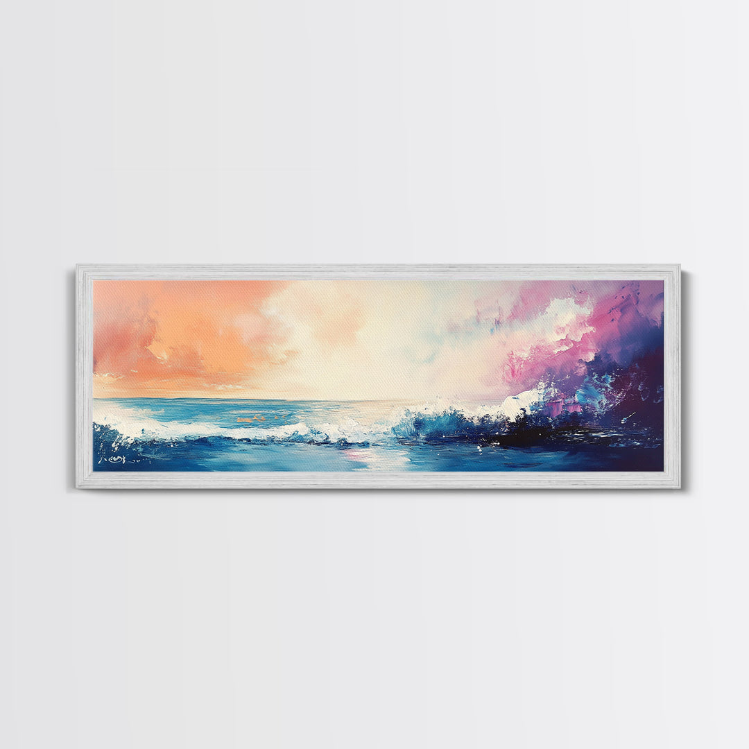 Ocean Sunset Waves, coastal painting, seascape painting, nautical wall art, pink orange wall art, extra wide art, Canvas Print