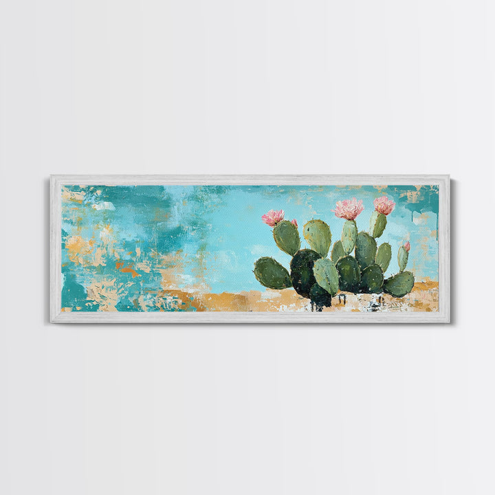 Blooming Cactus, agave painting, botanical prints, desert landscape art, teal wall art, wabi sabi art, rustic decor, Framed Canvas Print