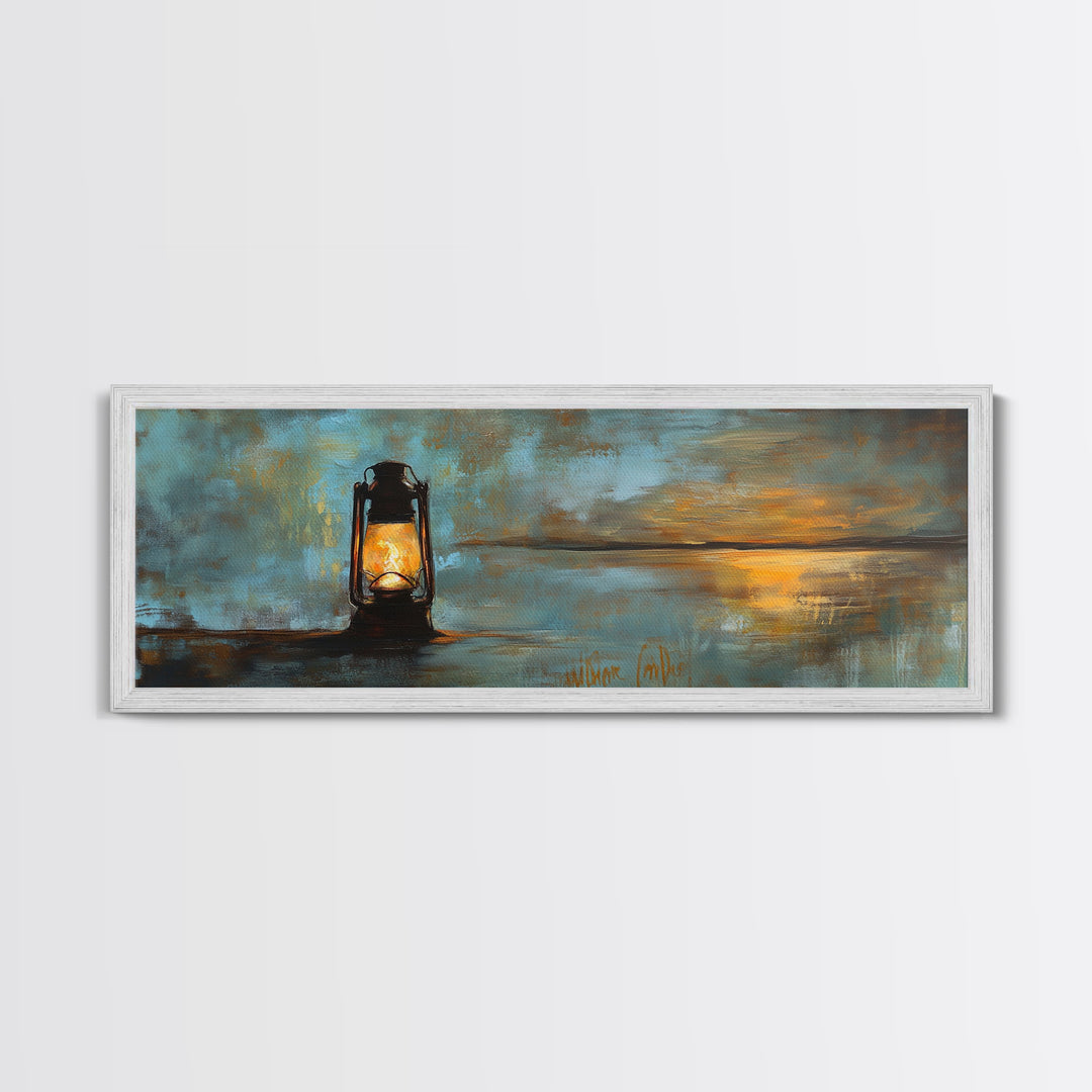 Lantern, rustic art, moody art, oil painting, long narrow wall art, extra wide art, above sofa art, Framed Canvas Print