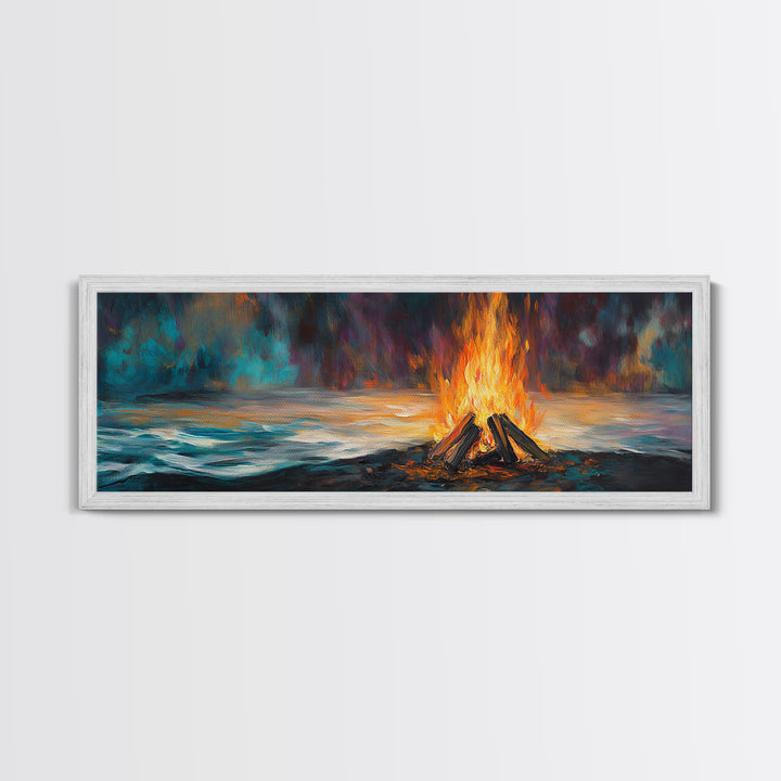 Bonfire, moody art, coastal landscape art, rustic decor, extra wide art, above bed wall art, gift idea for him, Canvas Print