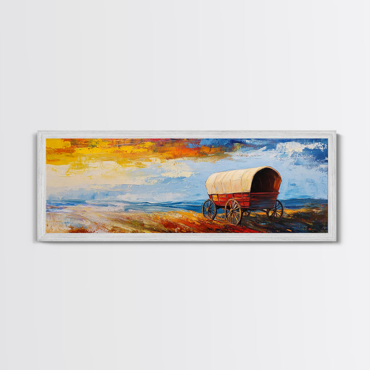 Country Wagon, coastal decor, rustic wall art, panoramic painting, barn landscape oil painting, boho art, Framed Canvas Print, gift idea