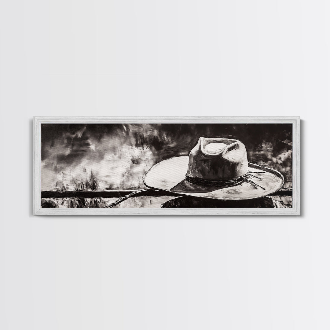 Western Hat Art, Black and White Art, Framed Canvas Print, Rustic Wall Art, Wabi Sabi Art, Extra Wide Art, Minimalist Art
