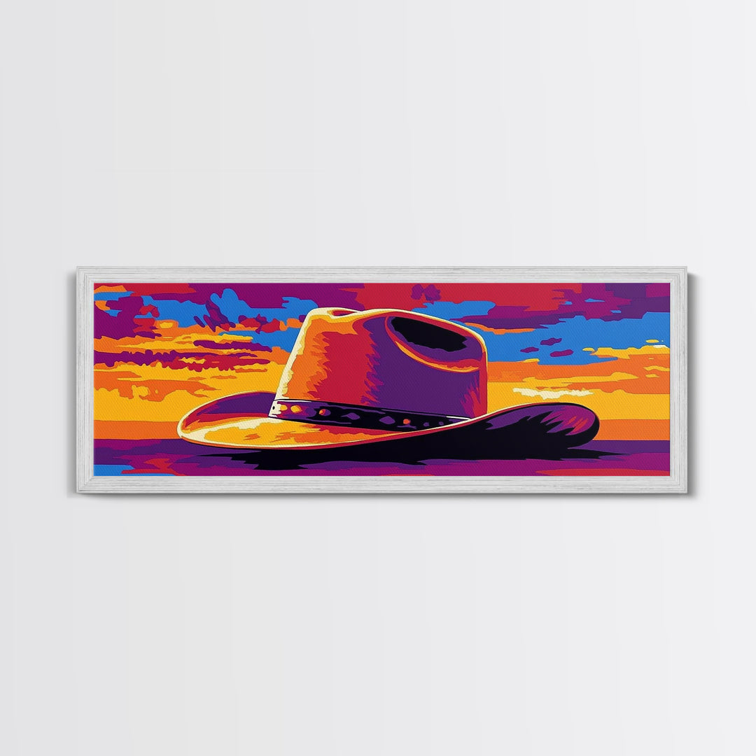 Cowboy Hat at Sunset, Pink Orange Wall Art, Blotter Art, Canvas Print, Southwest Wall Art, Extra Wide Art, Coastal Cowgirl Wall Art