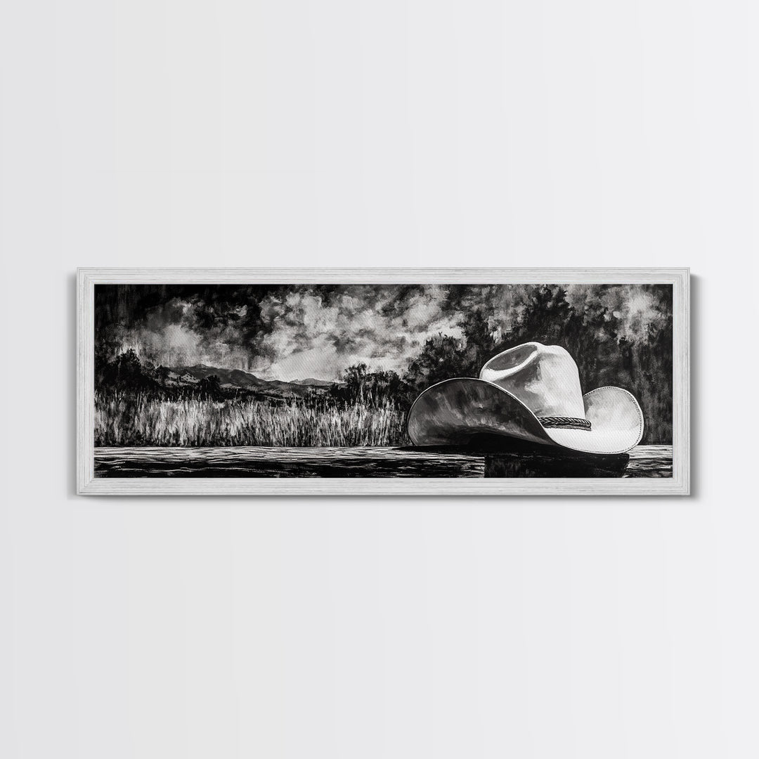 Black and White Art, cowboy hat painting, rustic decor, farmhouse art, extra wide art, panoramic art, framed canvas print, landscape painting