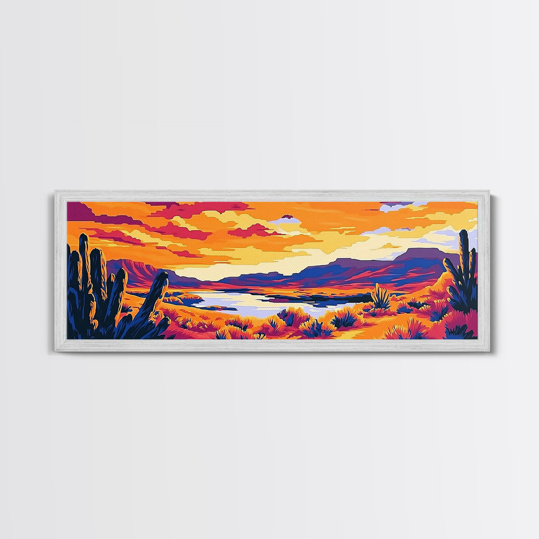 Desert Landscape Art, Joshua tree art, southwest wall art, extra wide art, panoramic painting, framed canvas print, rustic wall art, sunset painting
