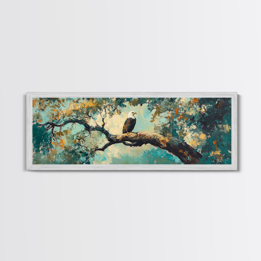 Eagle Painting, Framed Canvas Print, Bird Art, Forest At Dusk Painting, Moody Art, Extra Wide Art, Rustic Wall Art, Above Bed Art