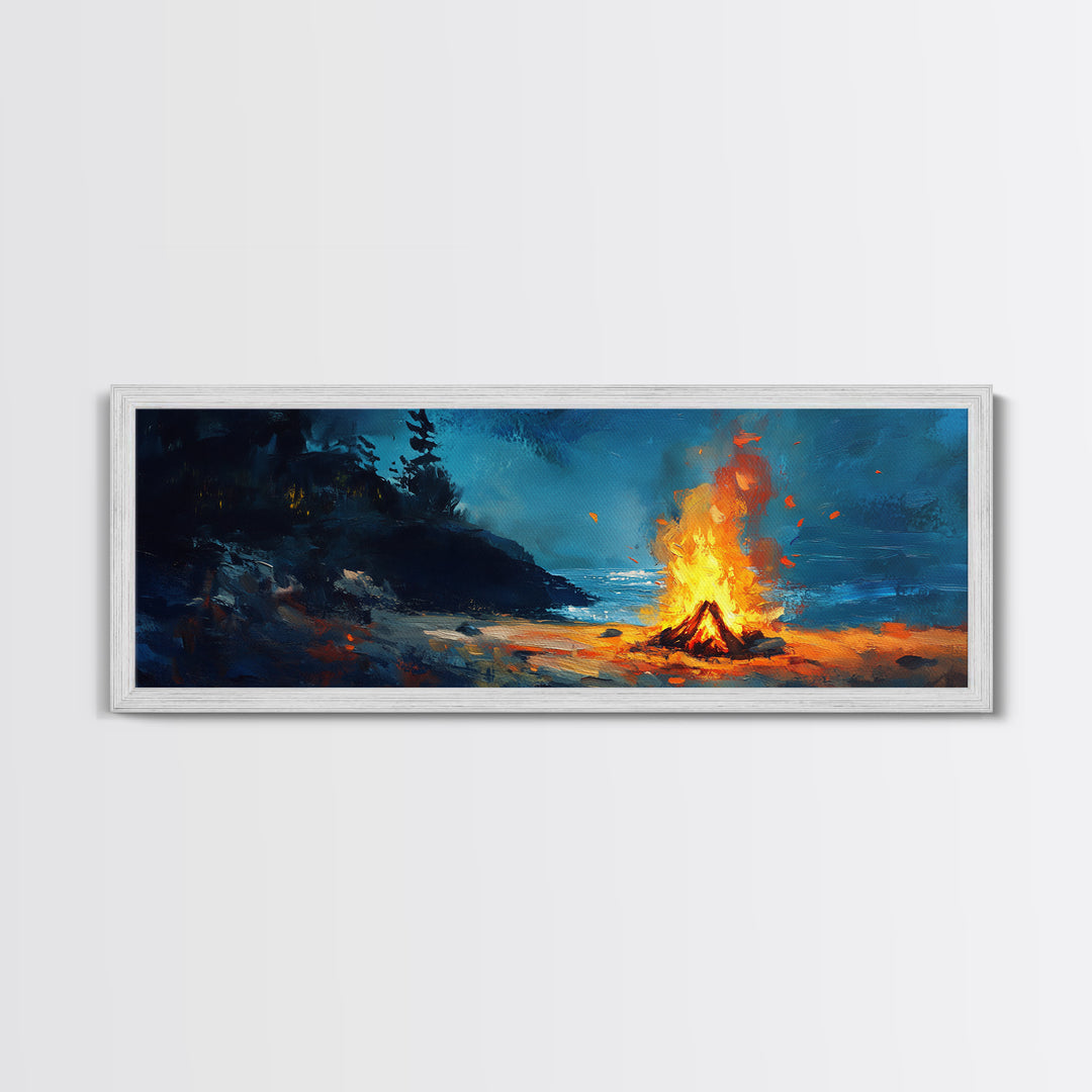 Coastal Cowgirl Wall Art, Framed Canvas Print, Campfire Painting, Rustic Decor, Moody Art, Extra Wide Art, Living Room Art, Above Couch Art