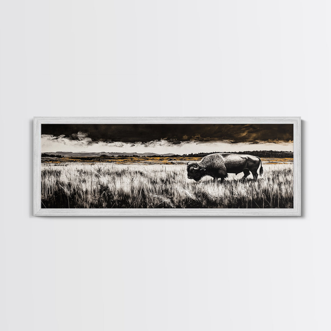 Bison painting, rustic art, black and white wall art, moody art, western decor, panoramic painting, extra wide art, framed canvas print