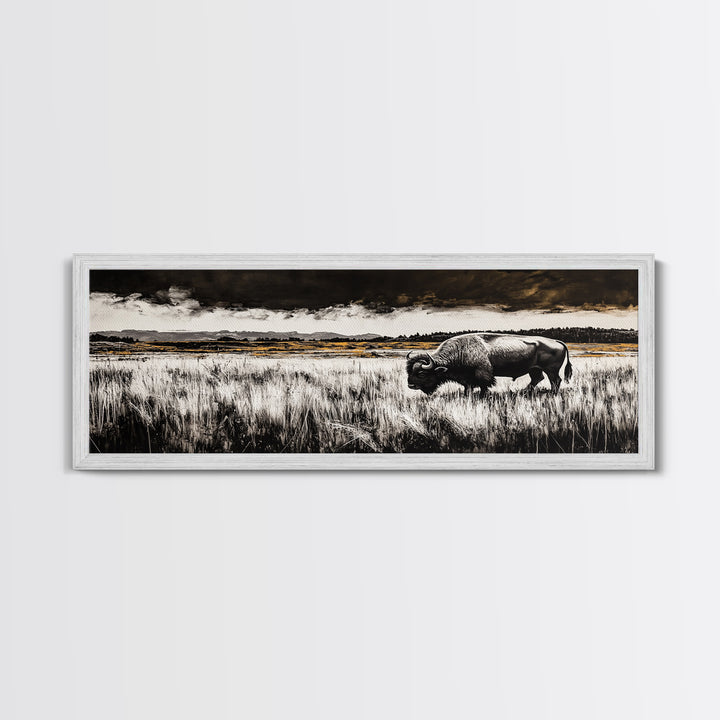 Bison painting, rustic art, black and white wall art, moody art, western decor, panoramic painting, extra wide art, framed canvas print
