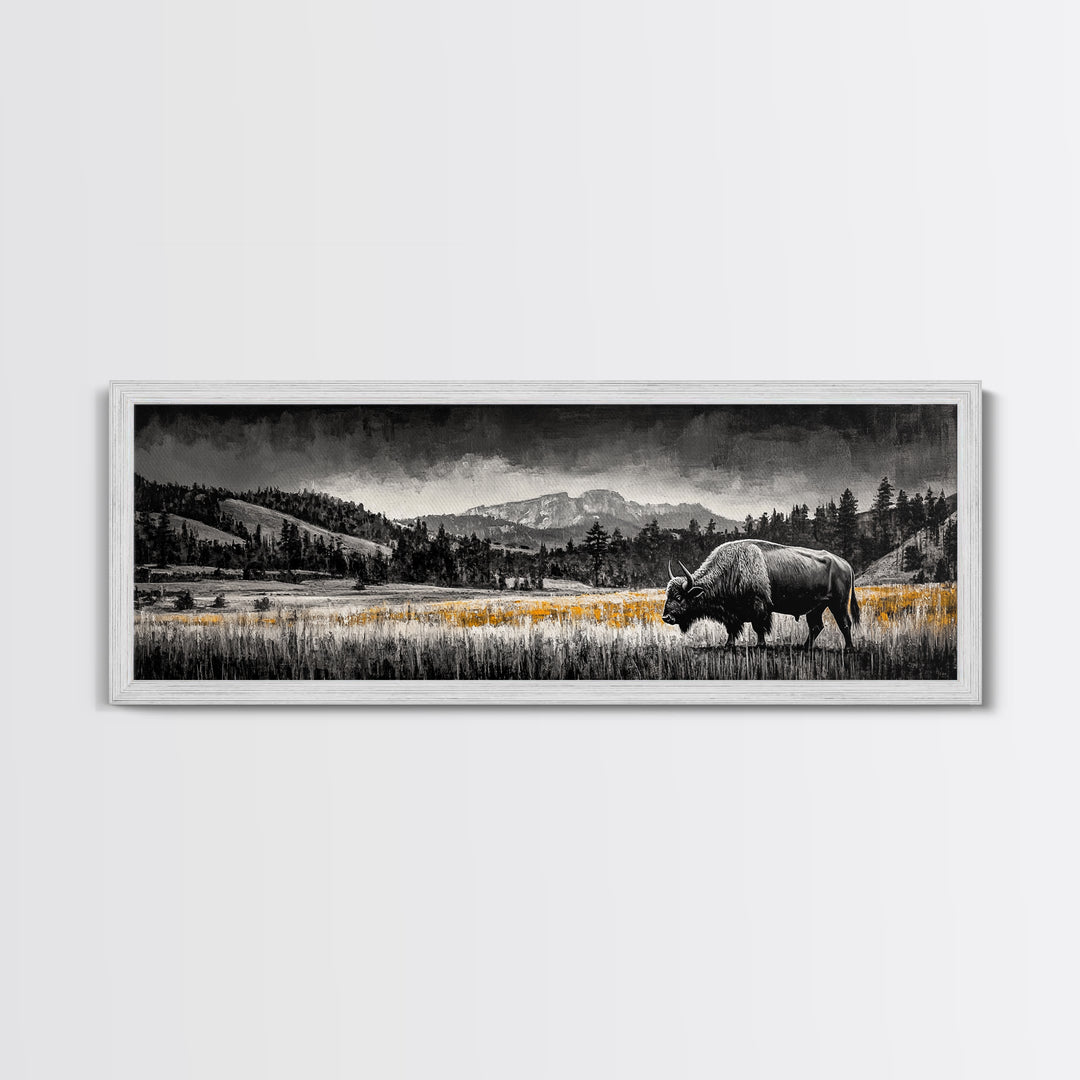 Bison art, mountain painting, black and white western art, farmhouse art, smoky mountain art, extra wide art, framed canvas print