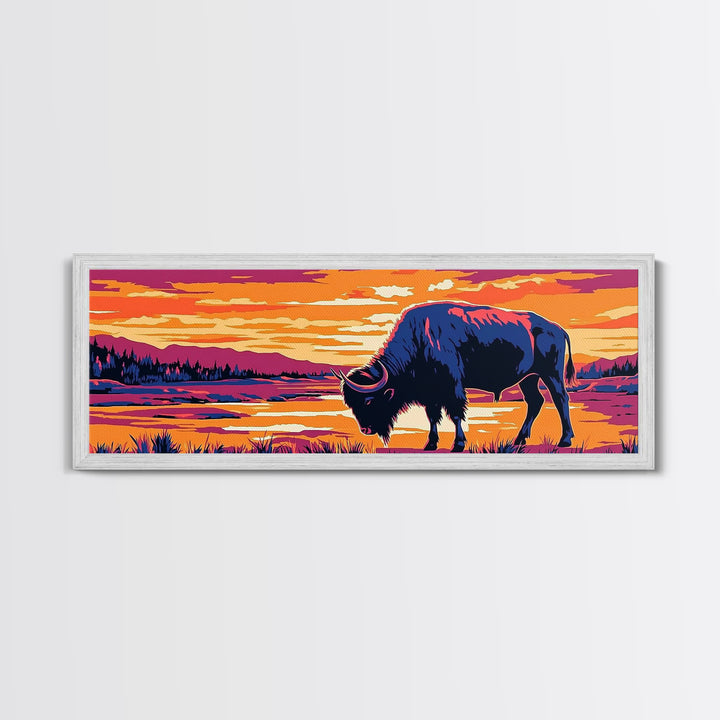 Buffalo painting, southwest wall art, rustic decor, pink orange wall art, cowboy art, above couch art, extra wide art, canvas print