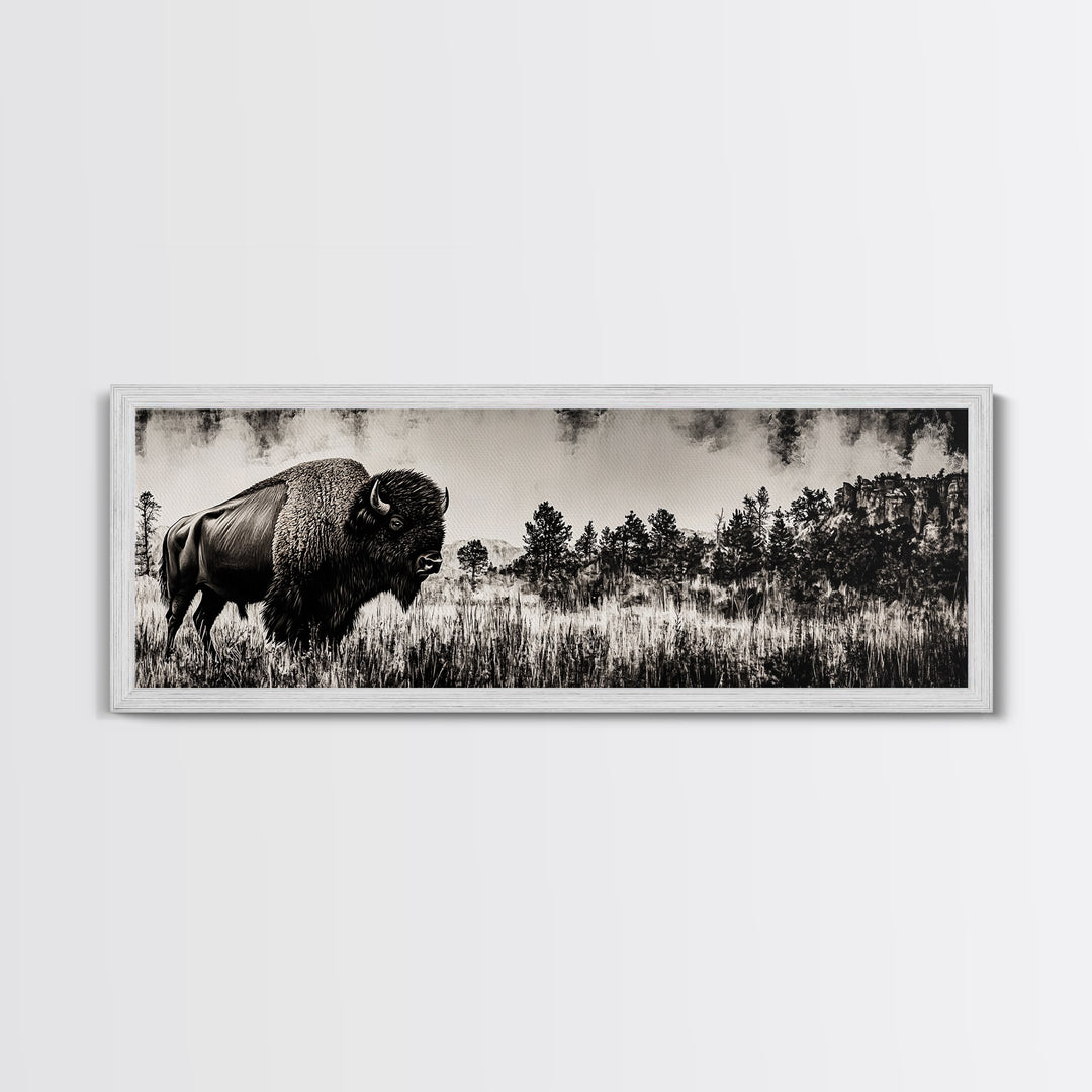 Bison landscape, black and white western painting, rustic decor, extra wide art, smoky mountain art, panoramic painting, framed canvas print